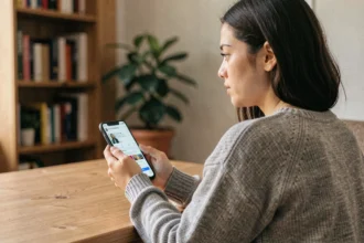 Jeune femme consultant anonymement des stories Instagram sur son smartphone depuis un bureau à domicile, illustrant les précautions d'anonymat sur les réseaux sociaux
