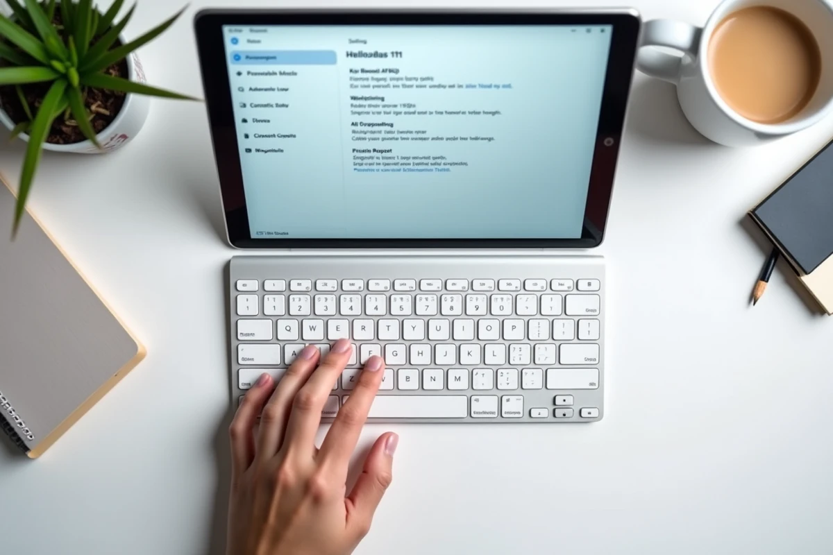 Vue aérienne d'un clavier sans fil et d'un écran Windows affichant les options d'inversion de disposition clavier
