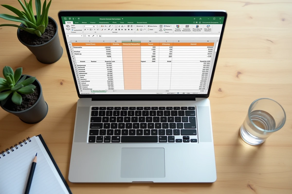 Vue aérienne rapprochée d'un ordinateur portable affichant un tableau Excel avec des doublons mis en évidence par une mise en forme conditionnelle orange sur un bureau en bois clair
