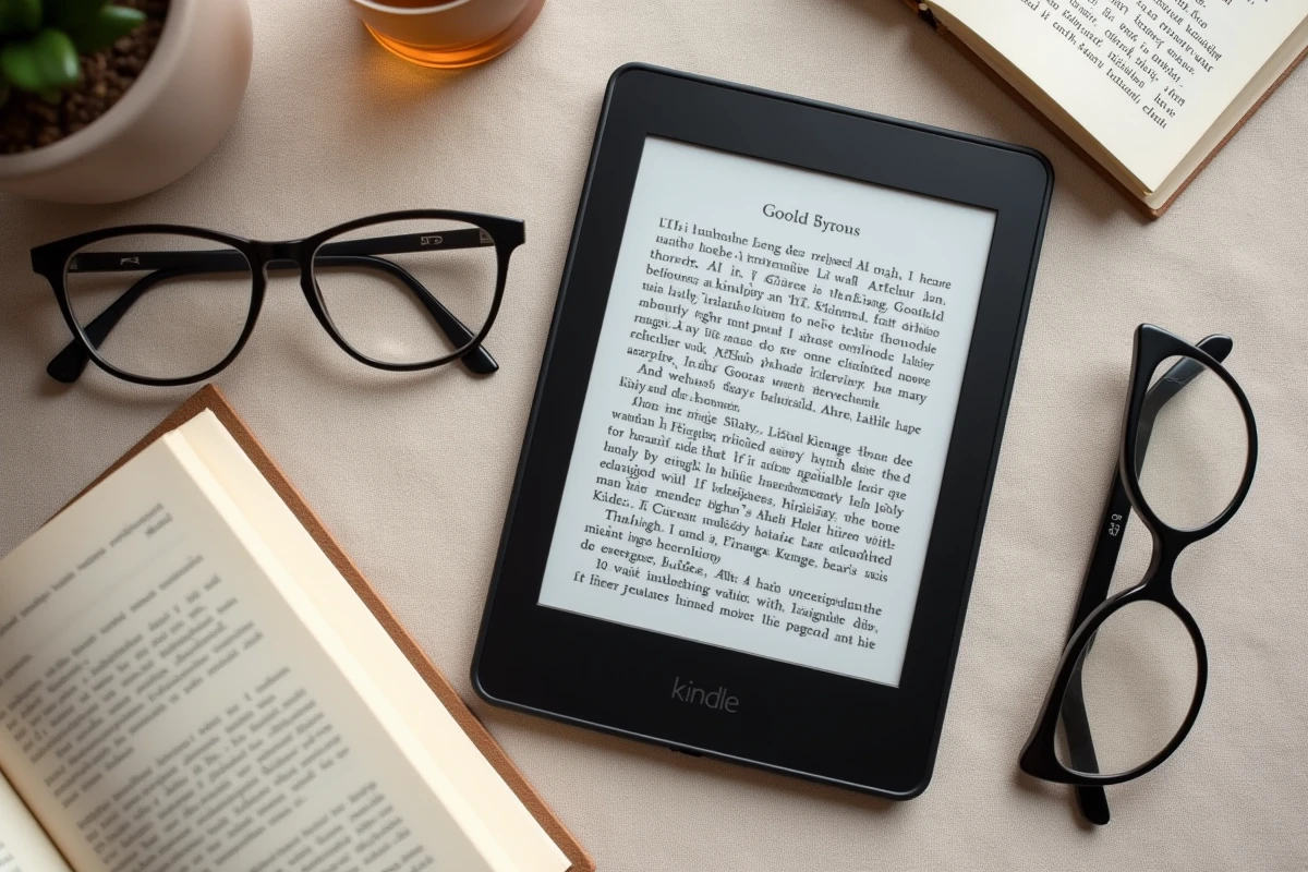 Vue aérienne d'une liseuse Kindle affichant une page de roman en e-ink posée sur une surface en lin avec des lunettes de lecture et un marque-page