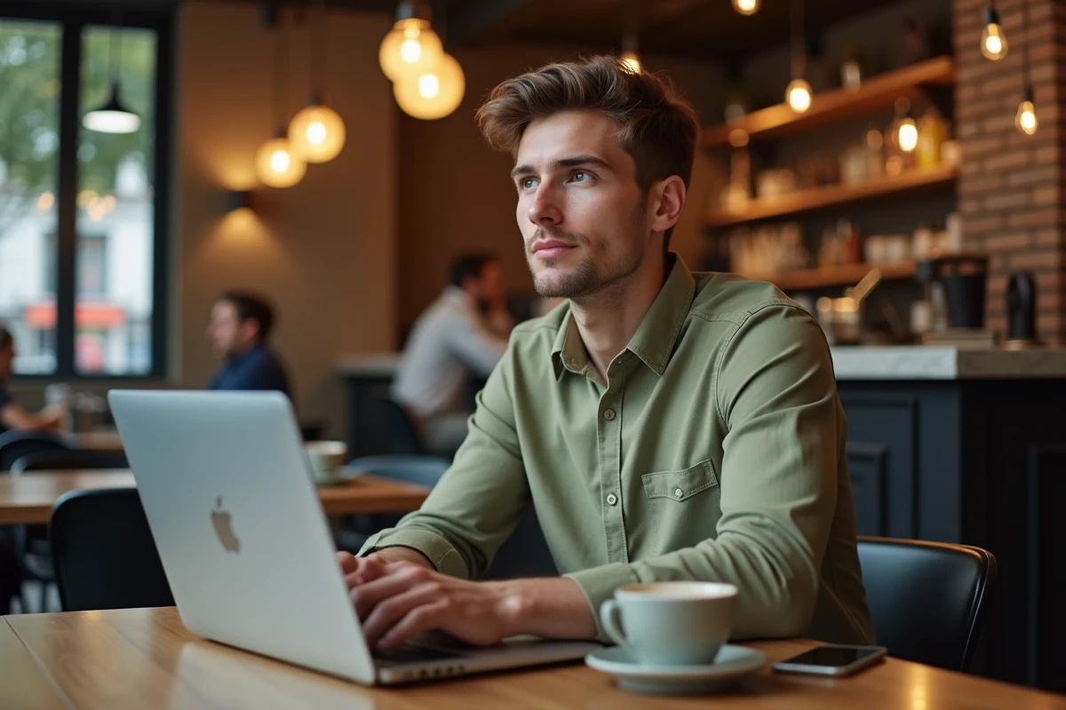 Jeune professionnel accédant à son webmail académique depuis un café avec un ordinateur portable