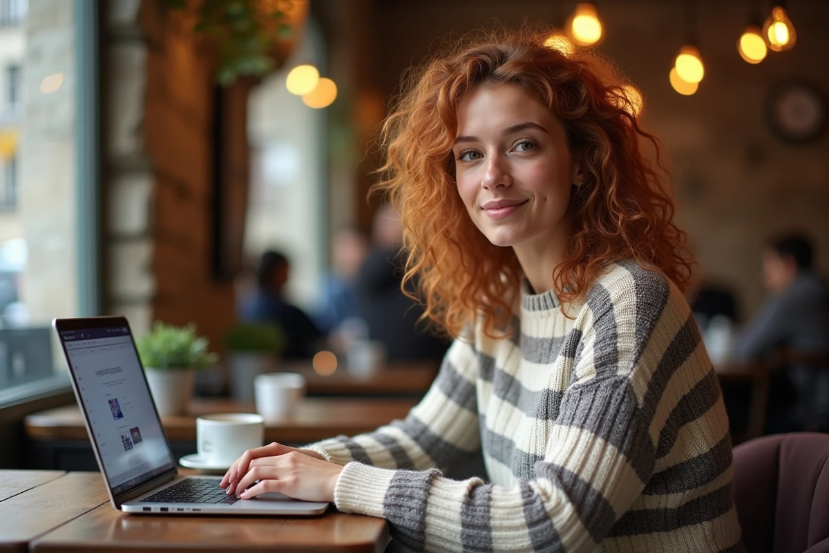 Jeune femme accédant au webmail universitaire de Grenoble depuis un café en ville