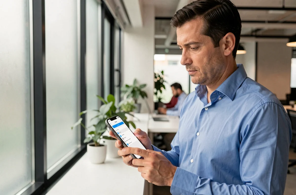 Professionnel configurant un compte mail Zimbra Unicaen sur un iPhone en bureau moderne