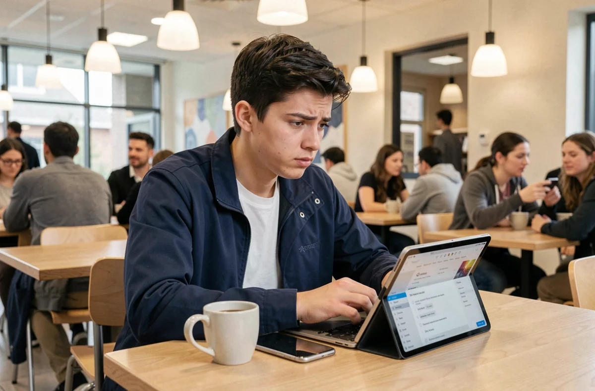 Étudiant configurant Zimbra sur smartphone et tablette à la cafétéria de l'université Caen